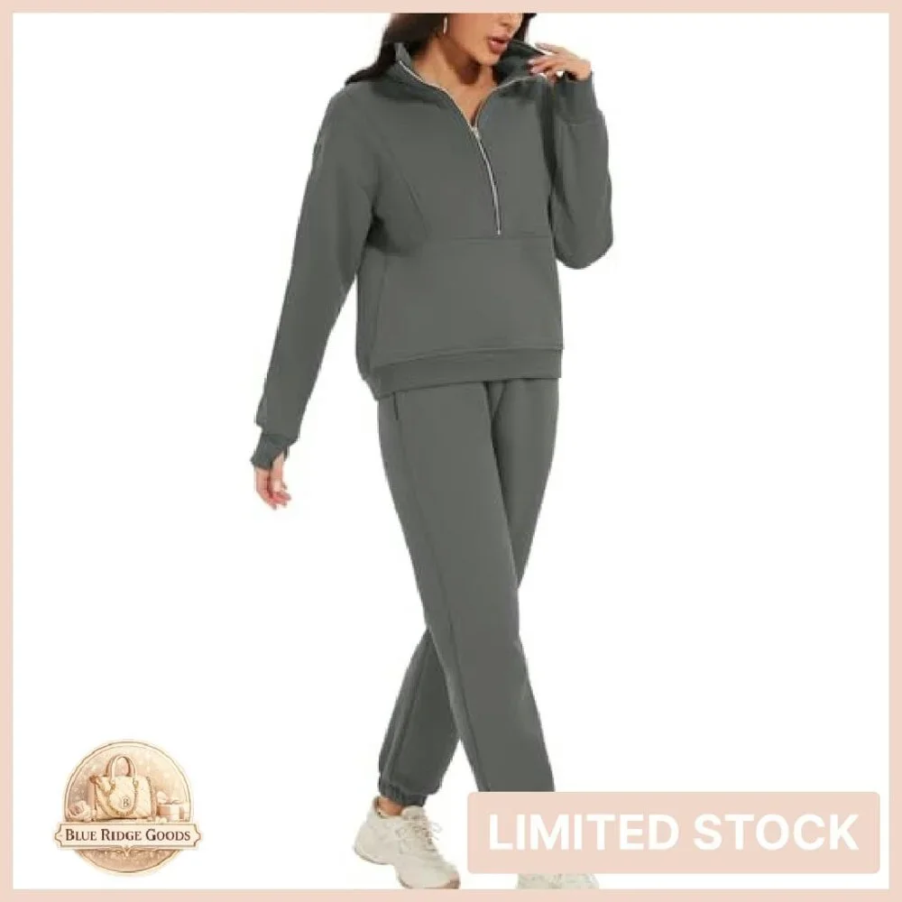 Fleece Half Zip Pullover Lounge Set Oversized Comfy Y2K Chic Sweatsuit - Picture 4 of 8